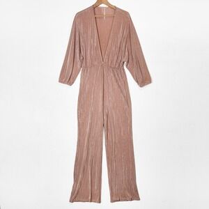 Free People Rose Gold Plunge Neck Wide Leg Pleated Jumpsuit Womens L Long Sleeve